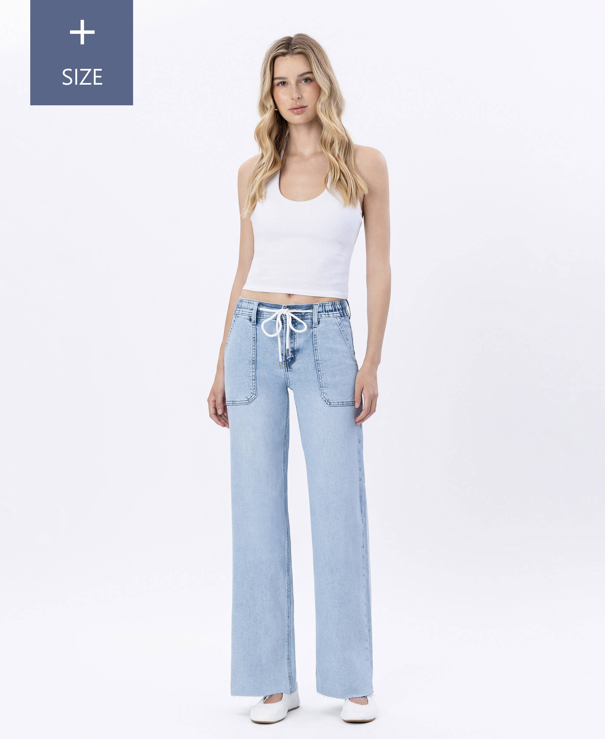 HIGH RISE DRAWSTRING WAISTBAND WIDE LEG JEANS
