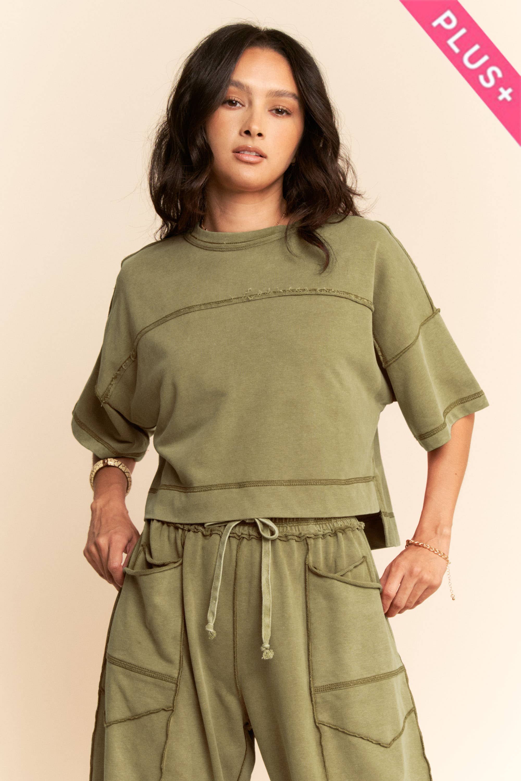 OLIVE MINERAL WASHED TOP & BARREL PANT SET
