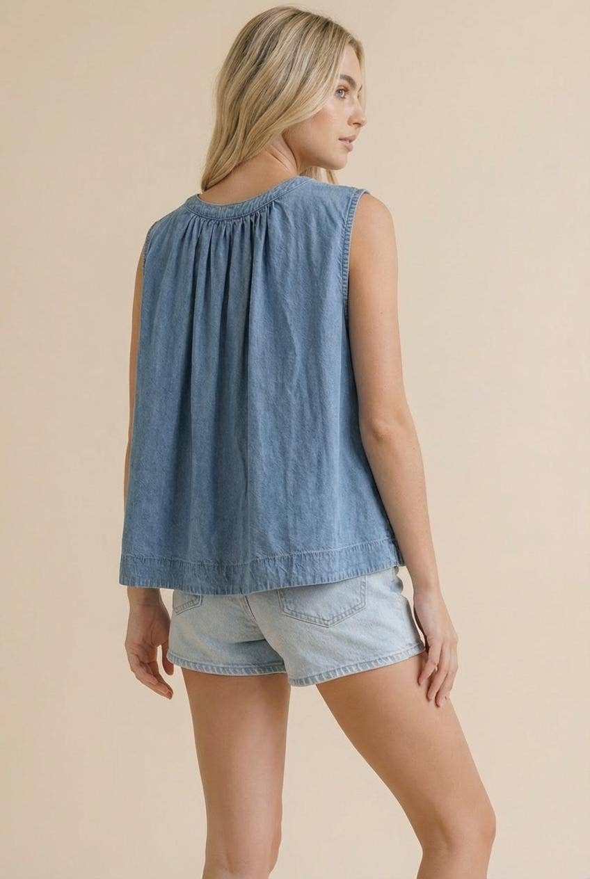 SLEEVELESS WASHED DENIM TOP