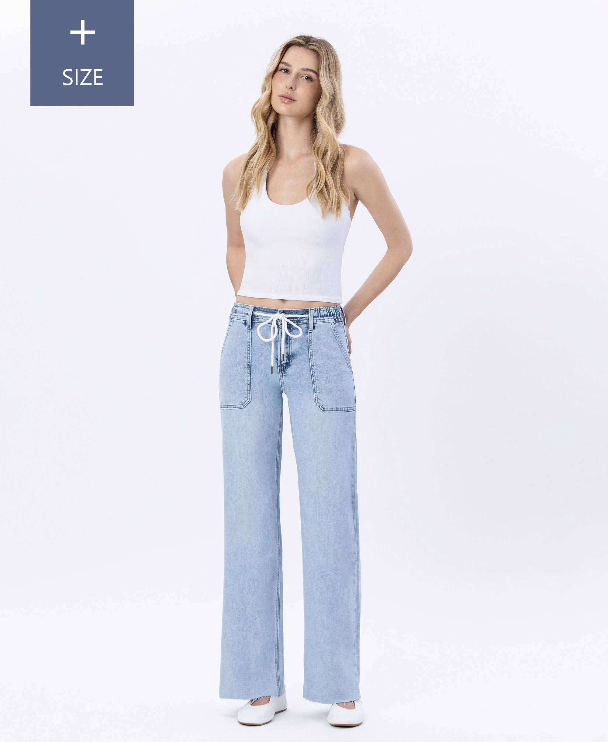HIGH RISE DRAWSTRING WAISTBAND WIDE LEG JEANS