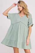 TEXTURED SHORT SLEEVE BUTTON DOWN V-NECK DRESS