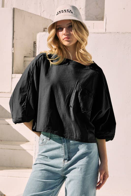 BLACK SCOOP NECK ACID WASH TEE