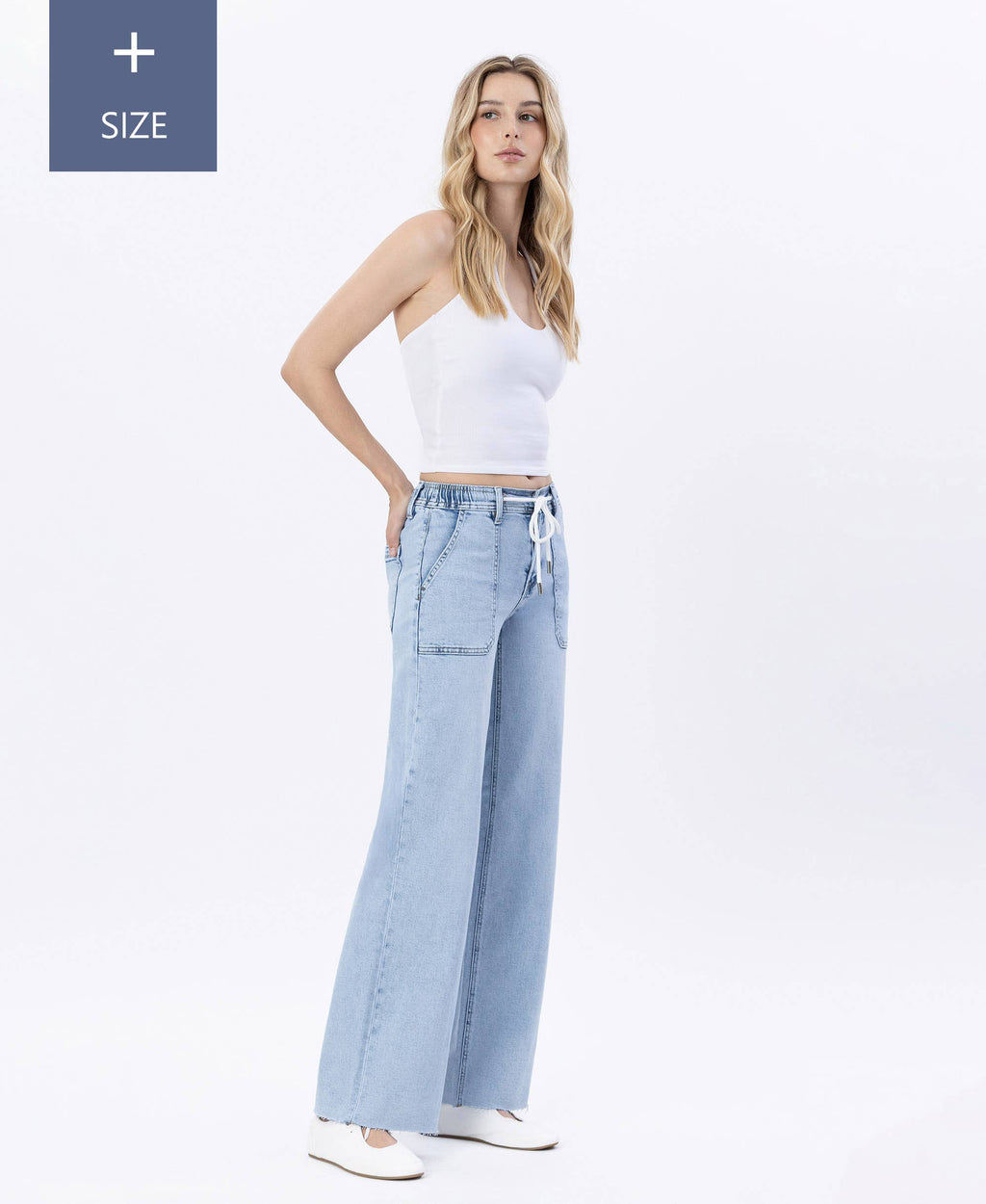 HIGH RISE DRAWSTRING WAISTBAND WIDE LEG JEANS