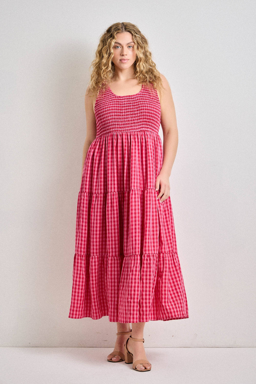 GINGHAM SMOCKED TIERED MAXI DRESS