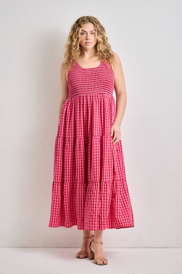 GINGHAM SMOCKED TIERED MAXI DRESS