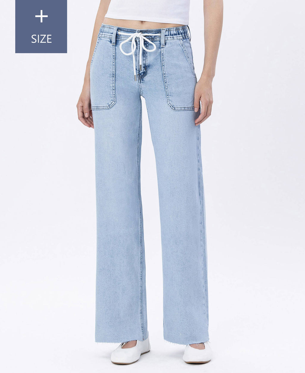 HIGH RISE DRAWSTRING WAISTBAND WIDE LEG JEANS