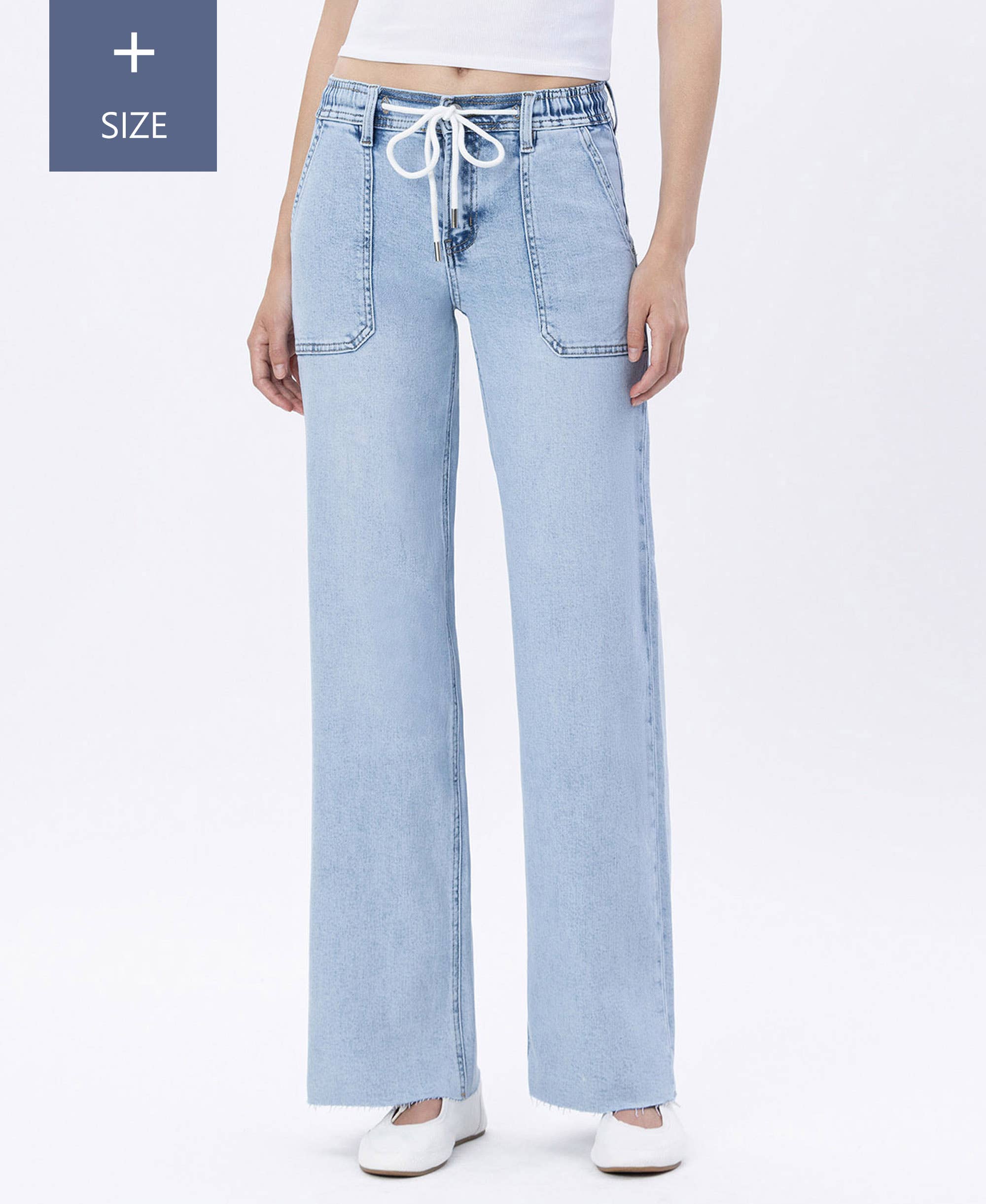 HIGH RISE DRAWSTRING WAISTBAND WIDE LEG JEANS