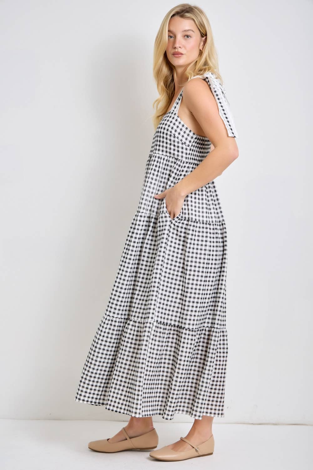 GINGHAM EYELET TRIM TIE STRAP MAXI DRESS