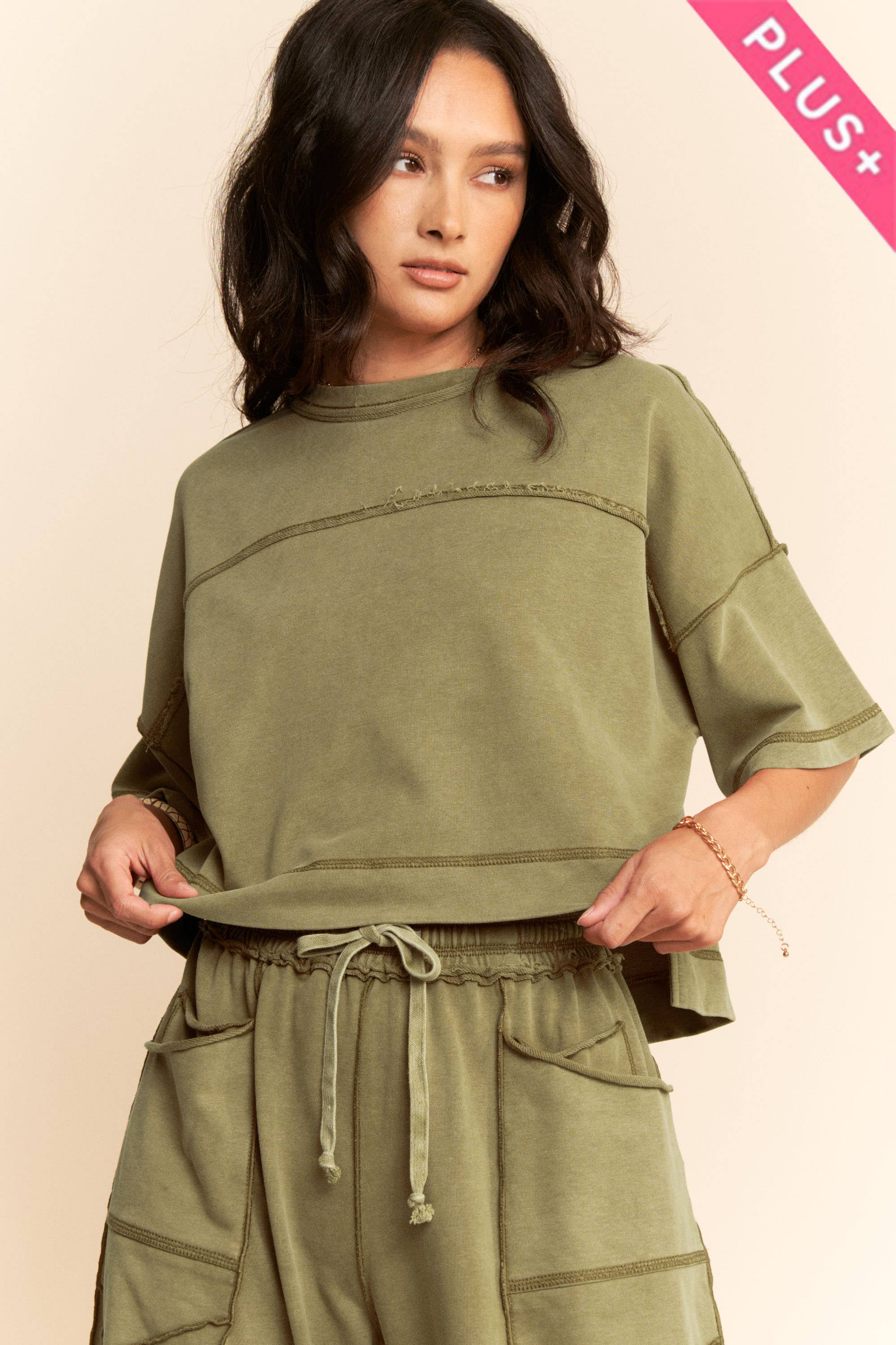OLIVE MINERAL WASHED TOP & BARREL PANT SET