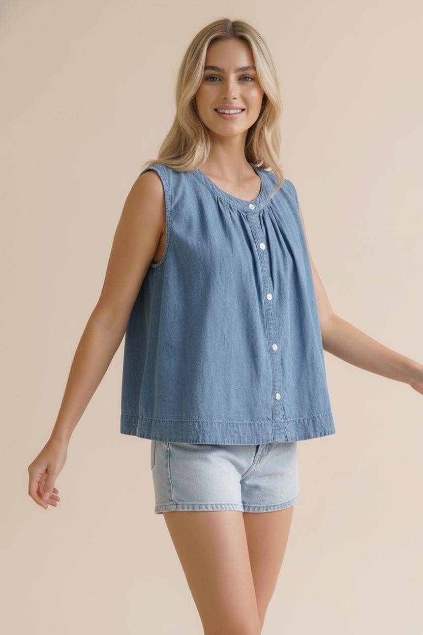 SLEEVELESS WASHED DENIM TOP