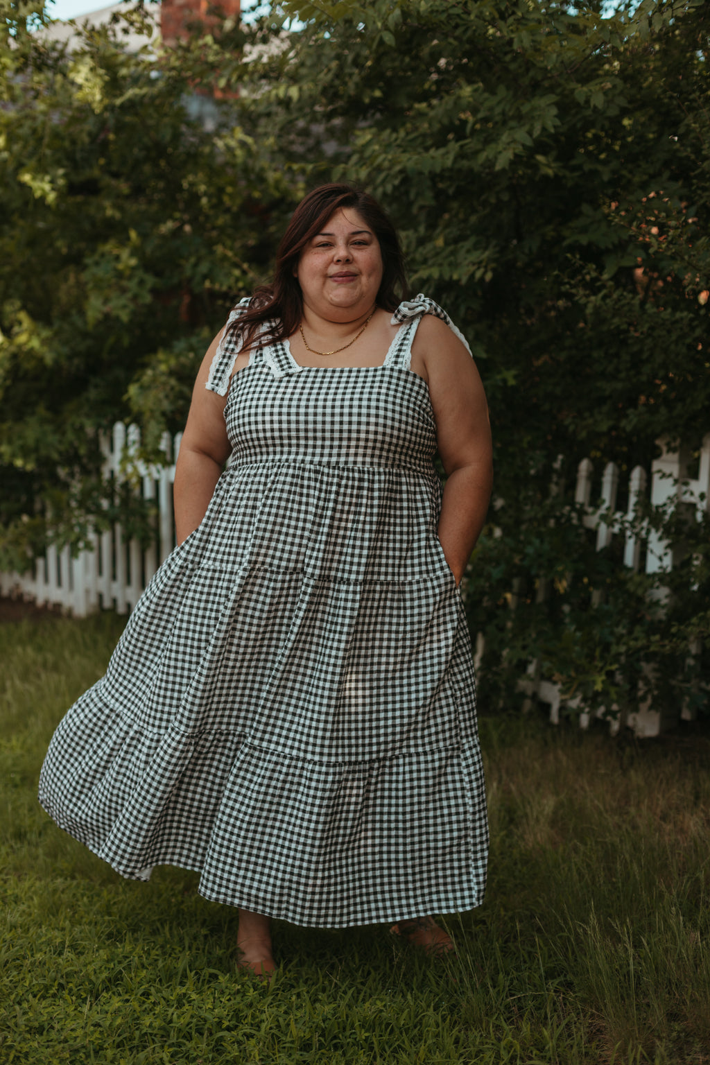 GINGHAM EYELET TRIM TIE STRAP MAXI DRESS