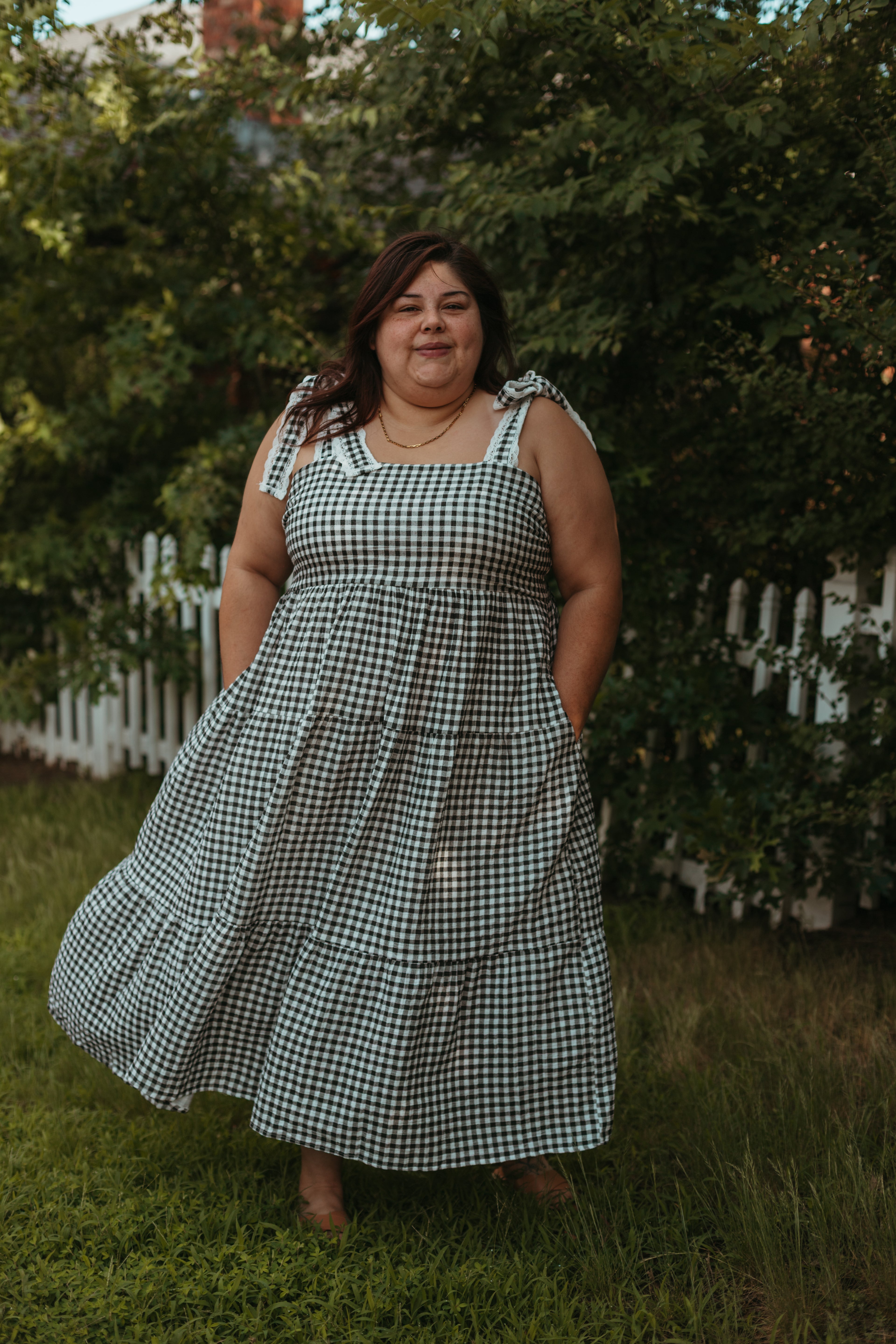 GINGHAM EYELET TRIM TIE STRAP MAXI DRESS