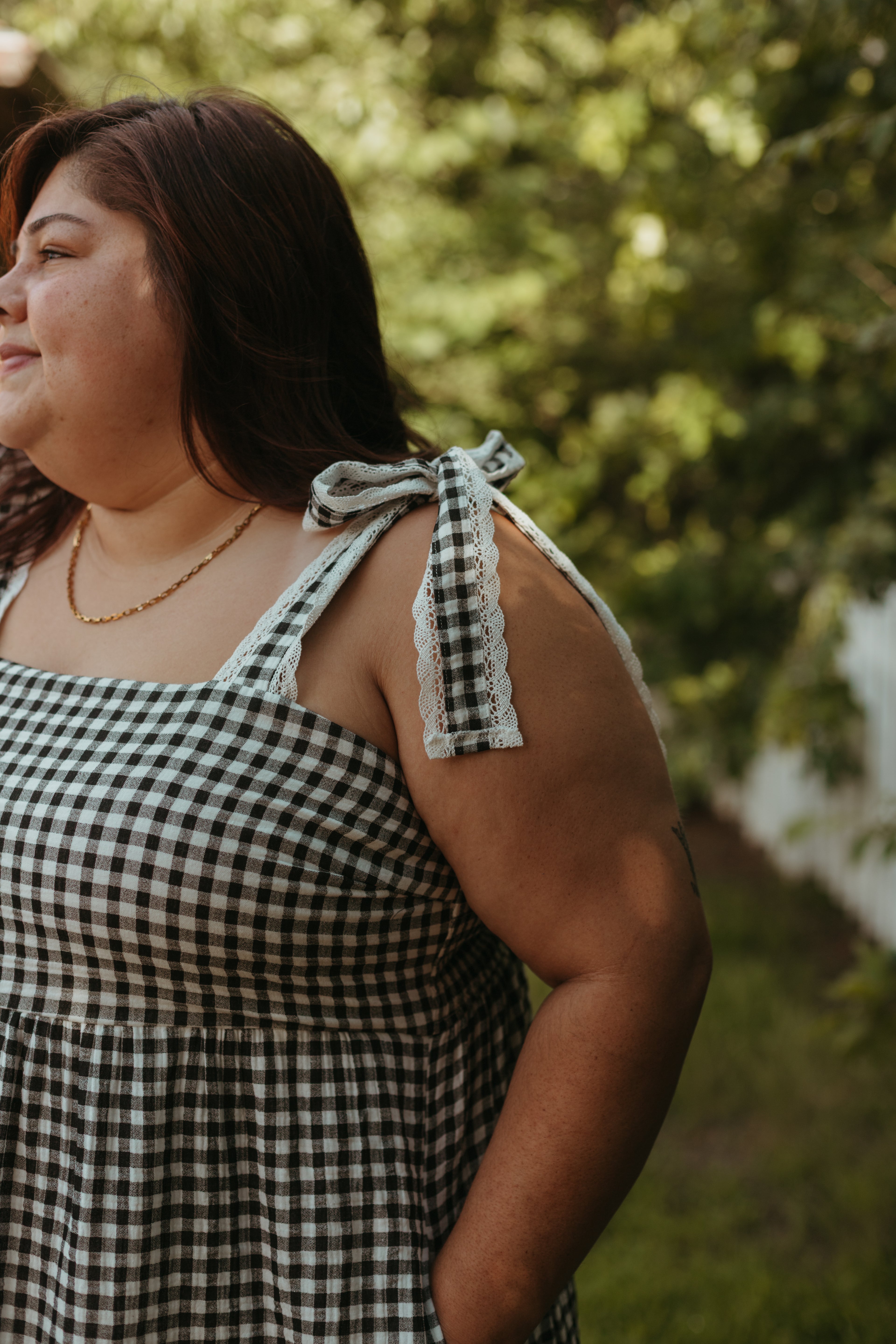 GINGHAM EYELET TRIM TIE STRAP MAXI DRESS