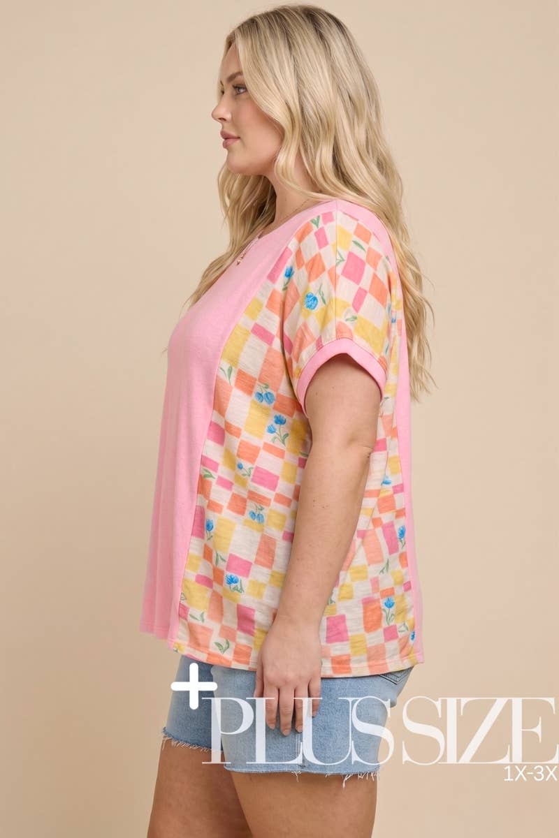 FLORAL CHECKERED MIXED MEDIA TOP