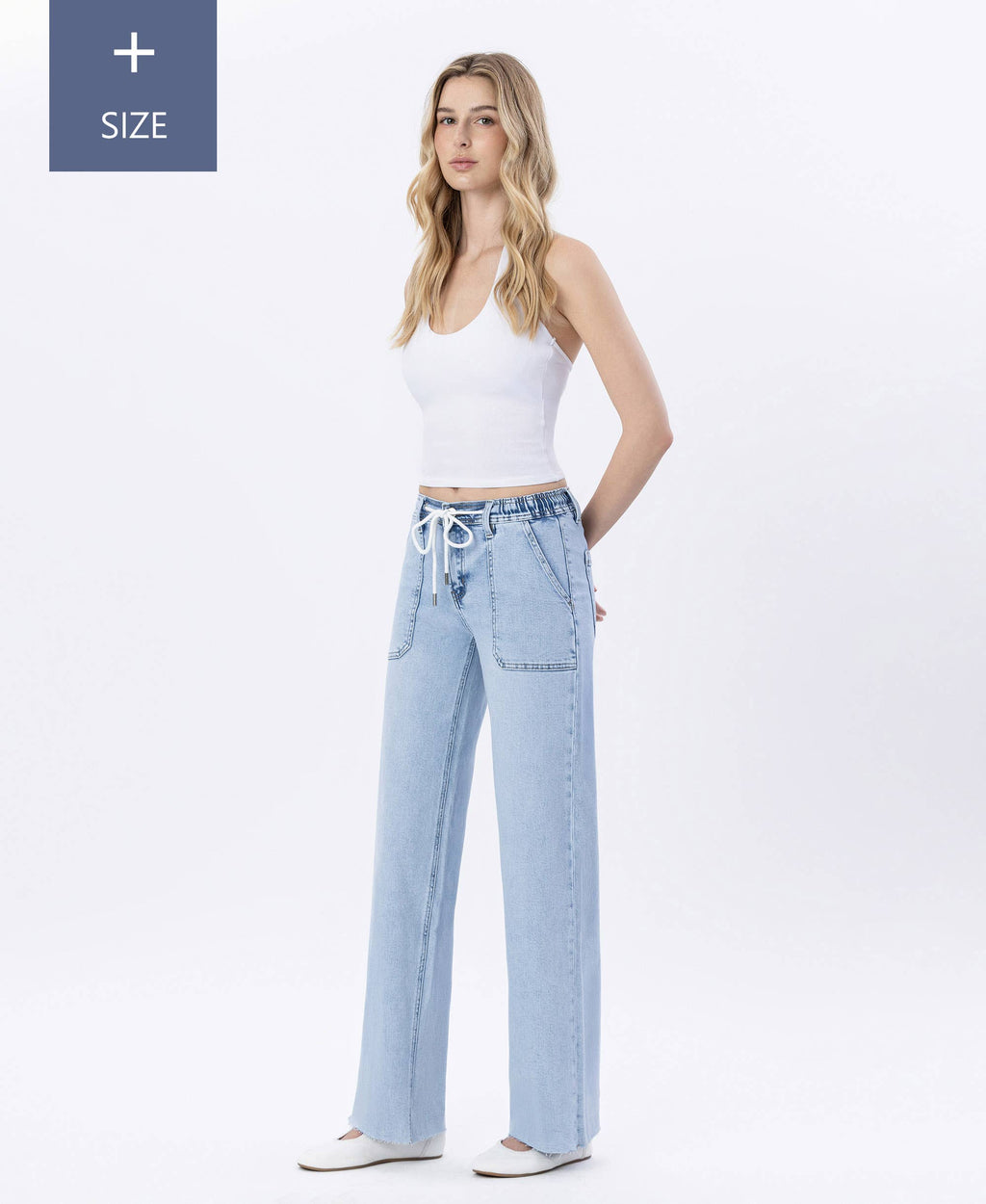 HIGH RISE DRAWSTRING WAISTBAND WIDE LEG JEANS