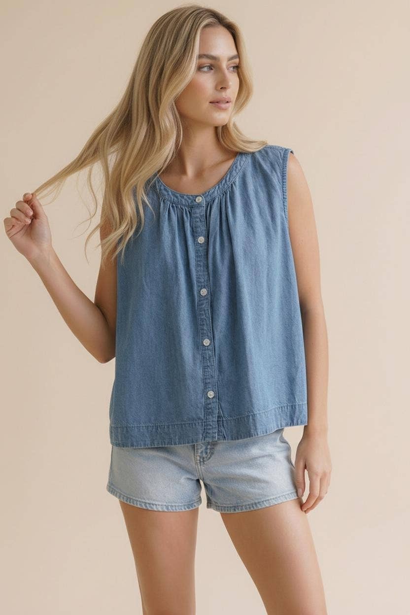 SLEEVELESS WASHED DENIM TOP