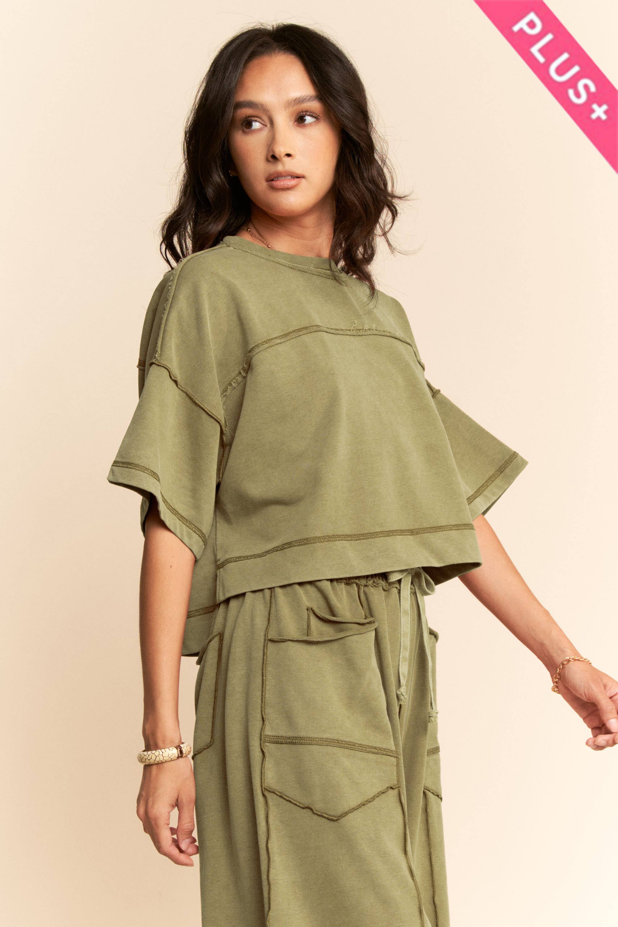 OLIVE MINERAL WASHED TOP & BARREL PANT SET