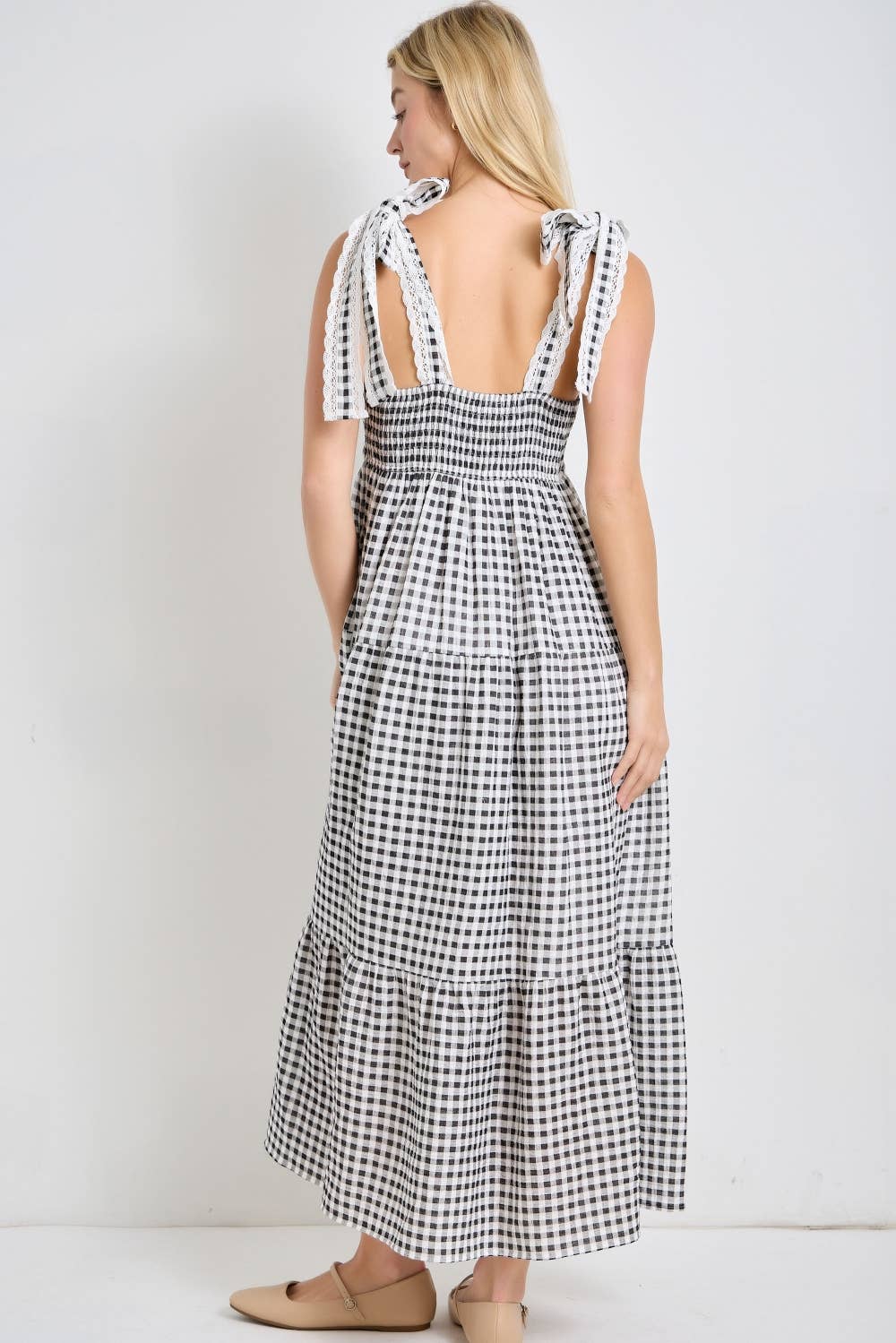GINGHAM EYELET TRIM TIE STRAP MAXI DRESS