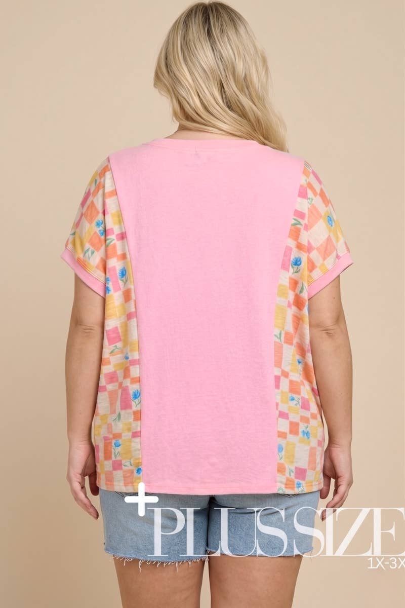 FLORAL CHECKERED MIXED MEDIA TOP