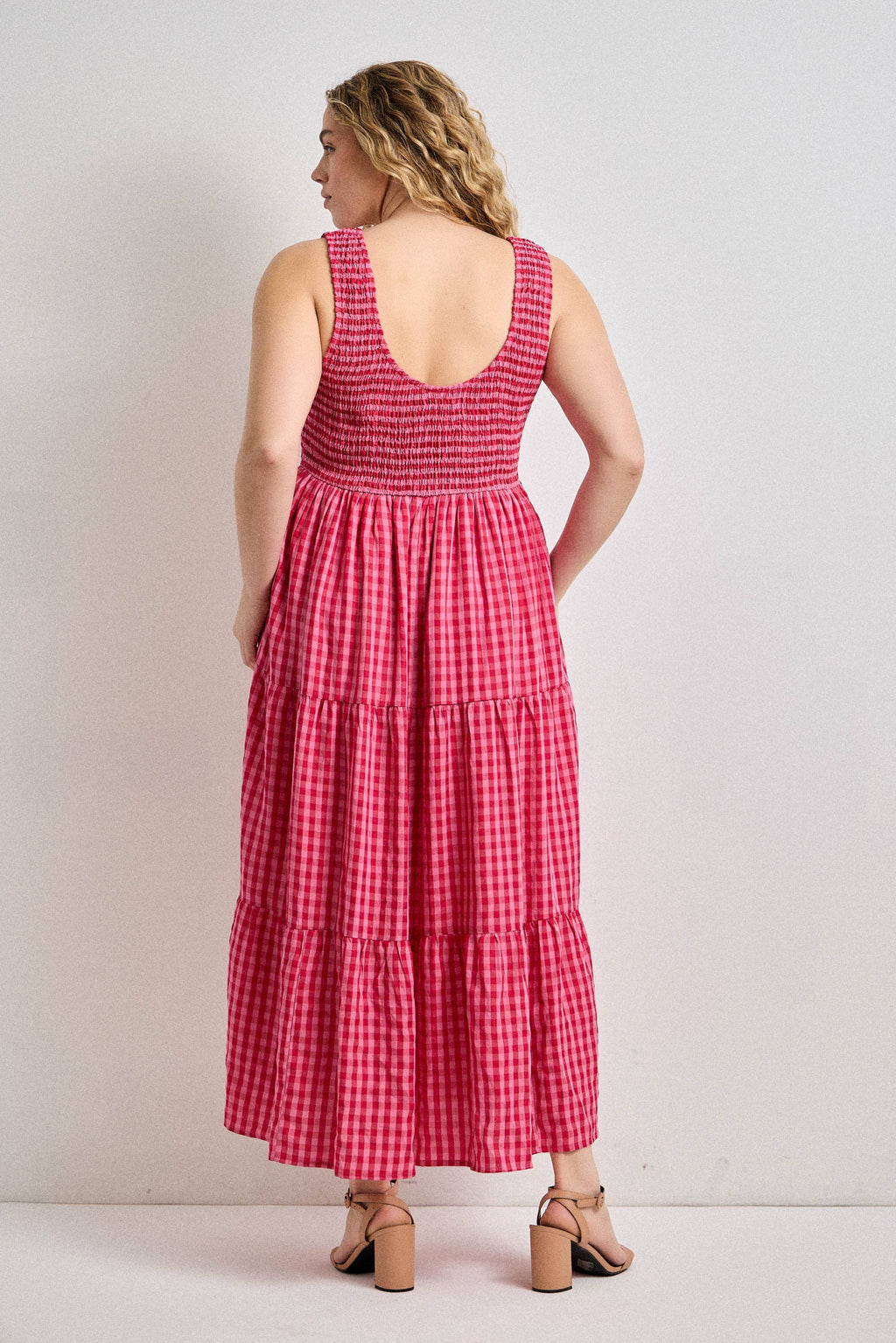 GINGHAM SMOCKED TIERED MAXI DRESS