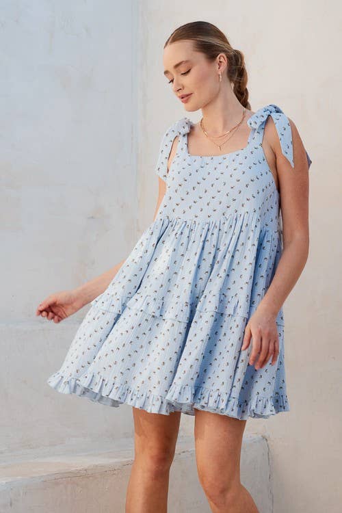 FLORAL SQUARE NECK RUFFLE MINI DRESS
