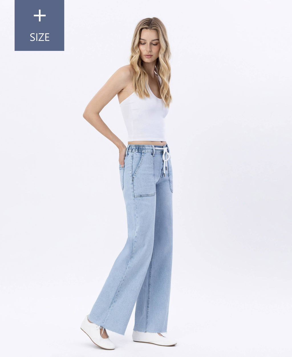 HIGH RISE DRAWSTRING WAISTBAND WIDE LEG JEANS