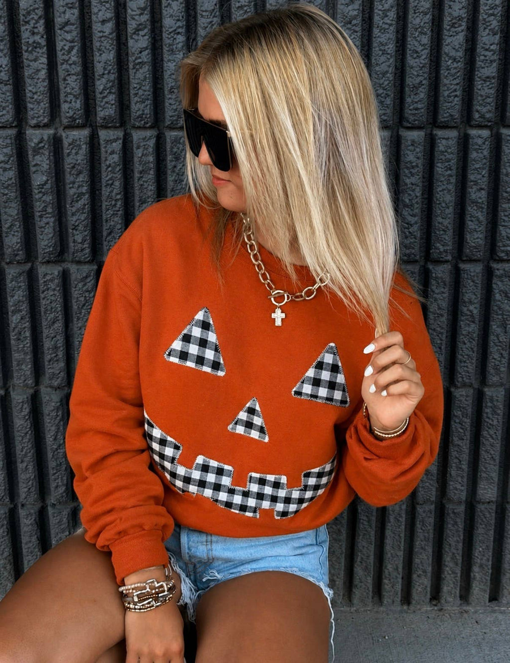 EMBROIDERED GINGHAM PUMPKIN SWEATSHIRT