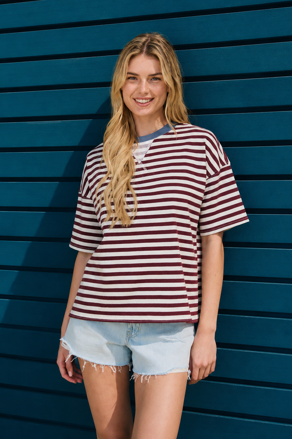 BURGUNDY COLORBLOCK SHORT SLEEVE KNIT T-SHIRT