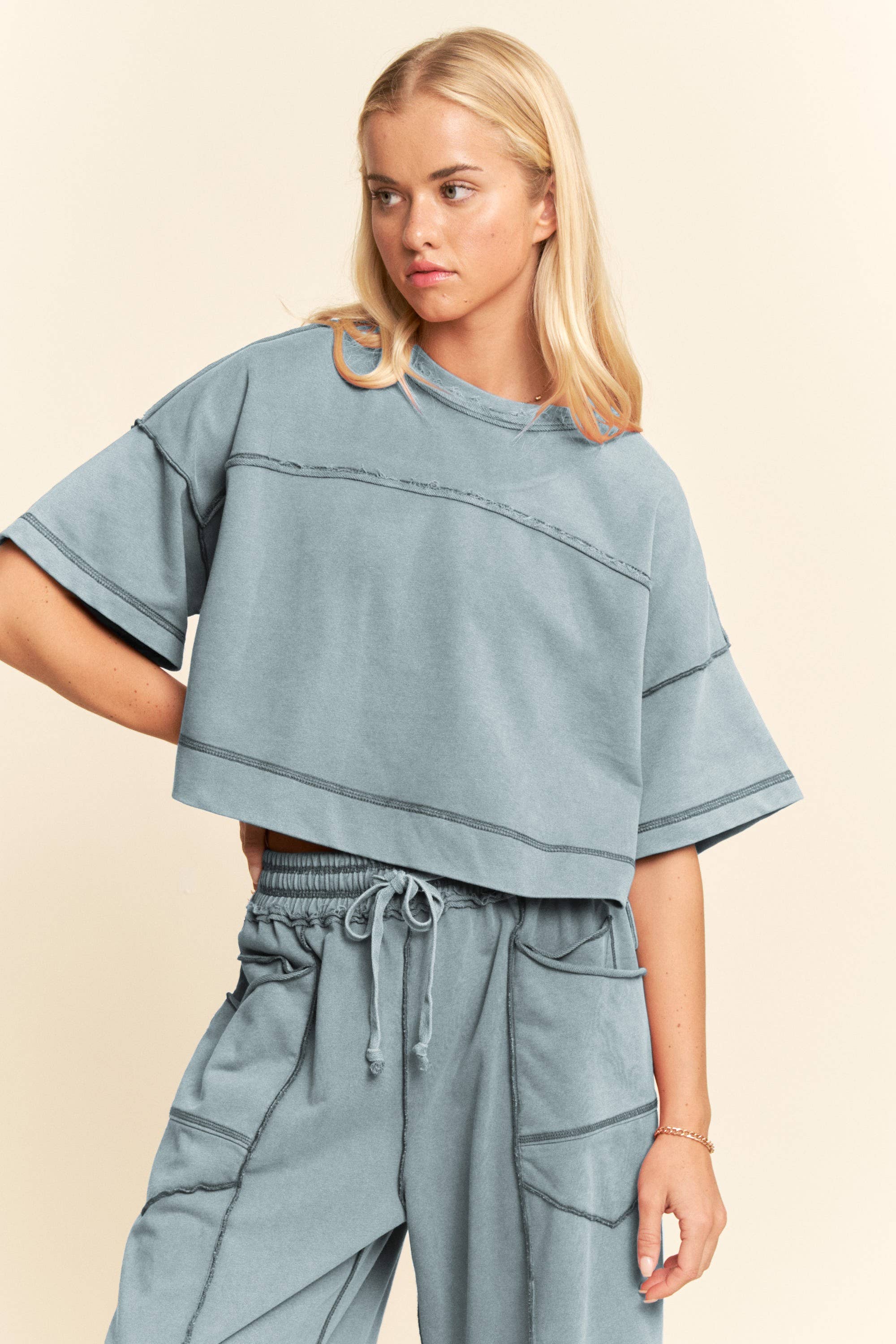 DENIM BLUE OVERSIZED TOP & BARREL PANT SET