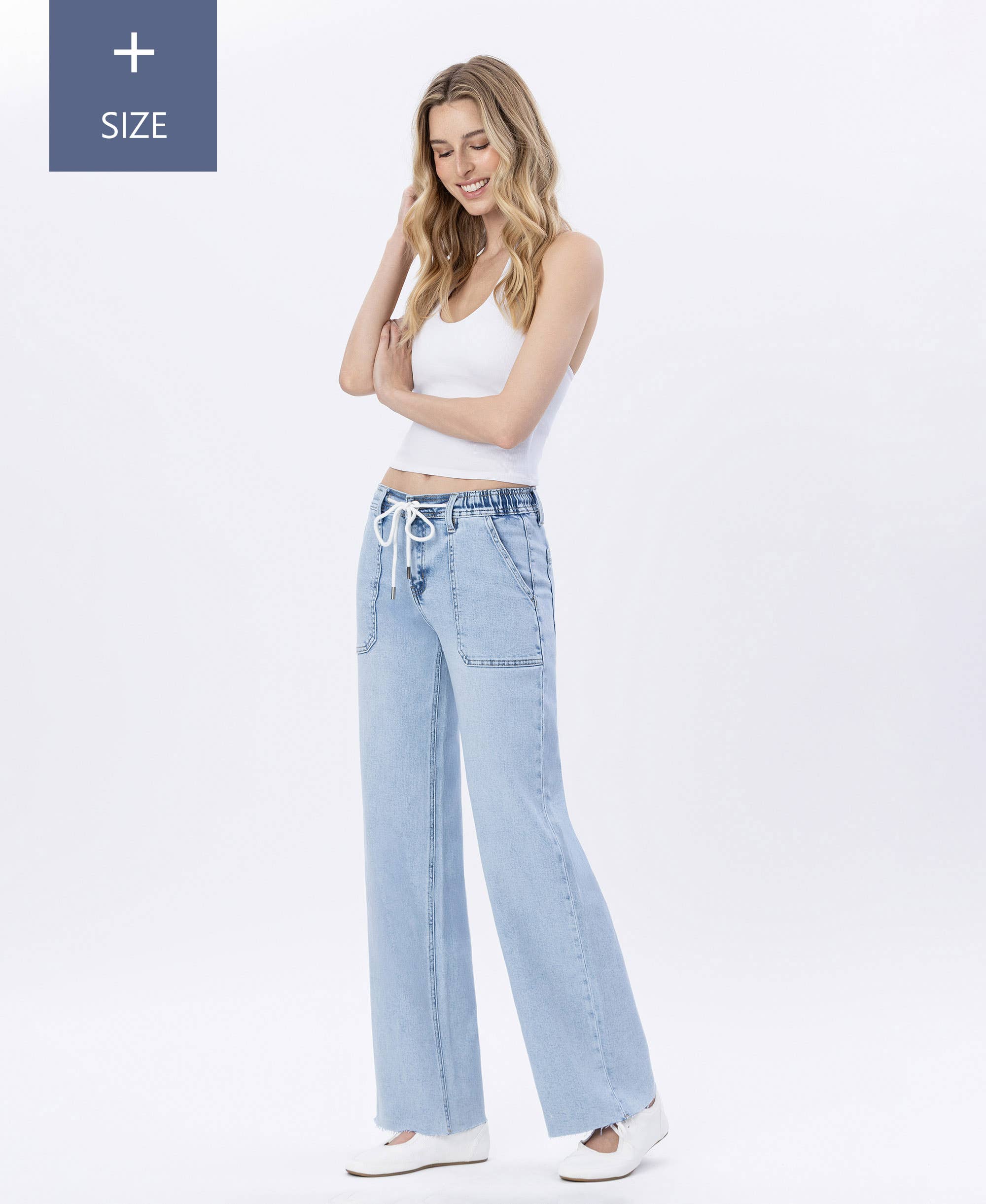 HIGH RISE DRAWSTRING WAISTBAND WIDE LEG JEANS