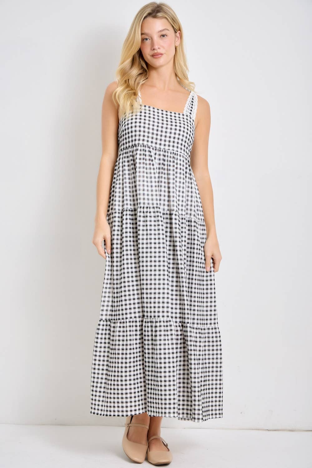 GINGHAM EYELET TRIM TIE STRAP MAXI DRESS