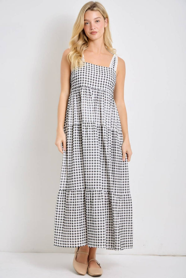 GINGHAM EYELET TRIM TIE STRAP MAXI DRESS