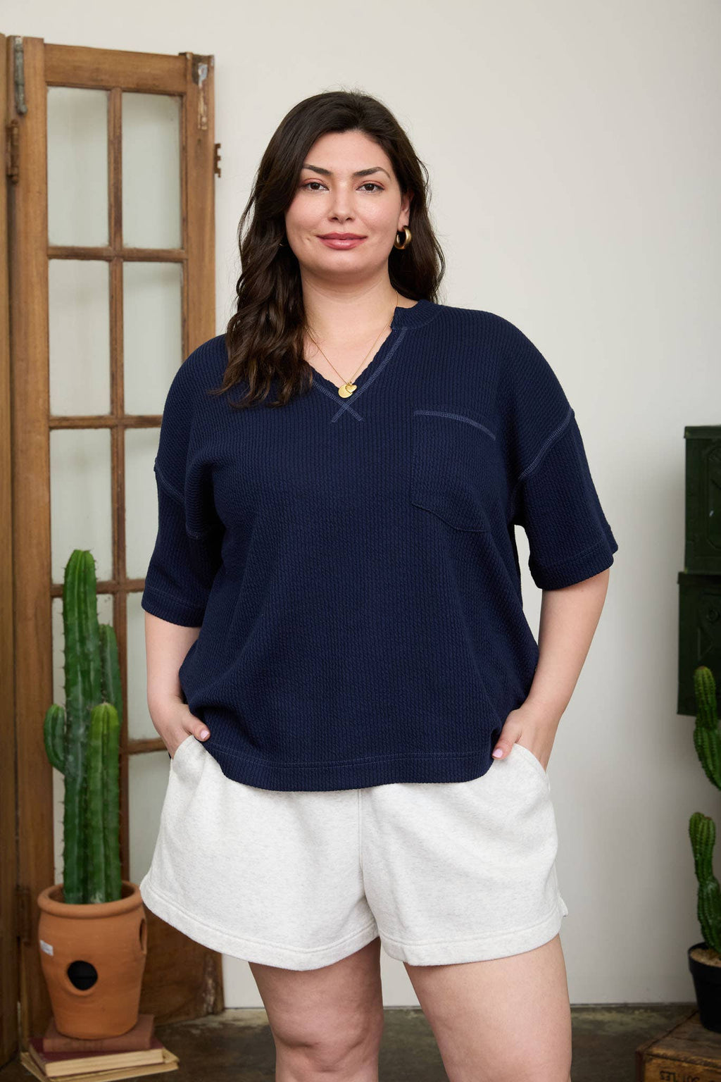 NAVY RIBBED BOXY KNIT TOP