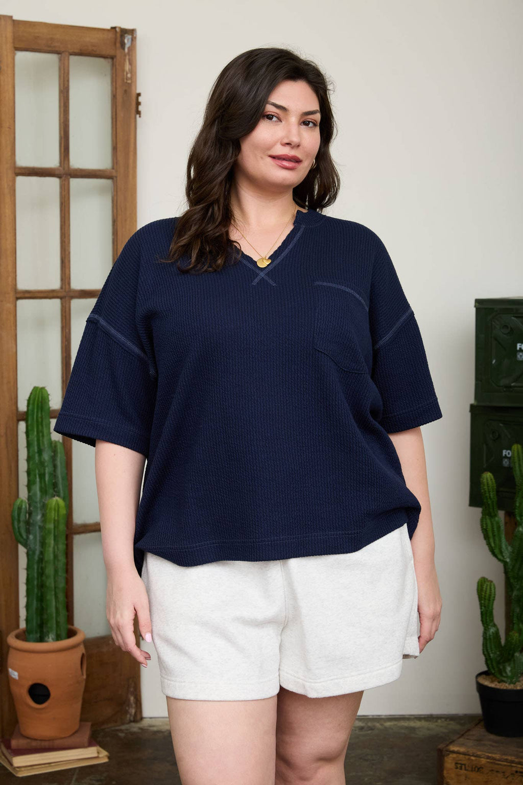 NAVY RIBBED BOXY KNIT TOP