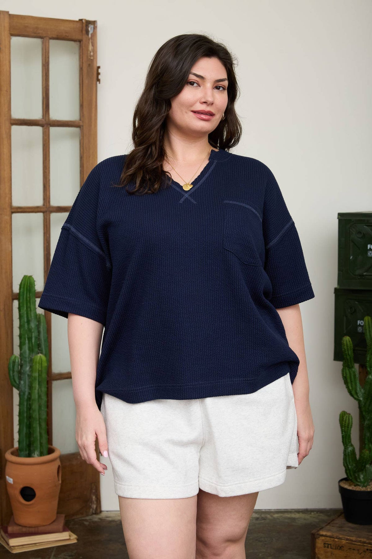 NAVY RIBBED BOXY KNIT TOP